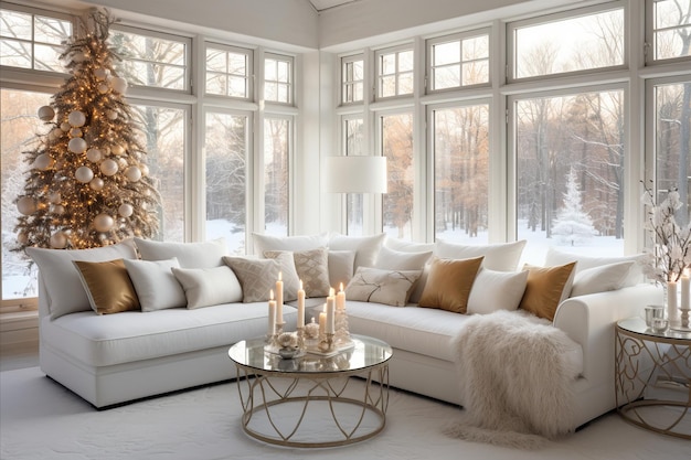 Interiores aconchegantes de inverno sofá clássico lançar cobertor árvore de Natal de prata com ornamentos dourados