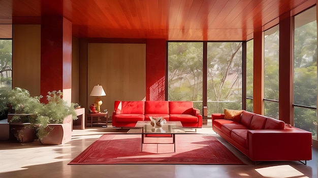 Interiores de casas de mármol rojo de mediados de siglo Elegancia moderna en resolución de 8k