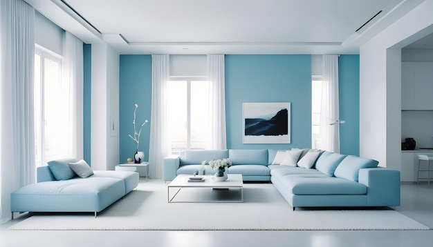 Foto interiores casi totalmente azules con muebles modernos y acentos blancos