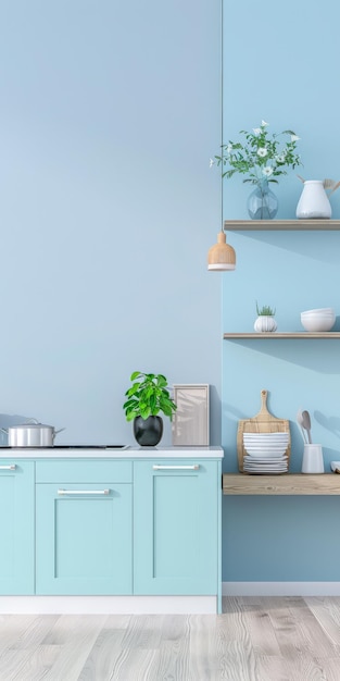 Interiores de cocina elegantes en tonos azules pastel con un estilo minimalista moderno Composición de interiores