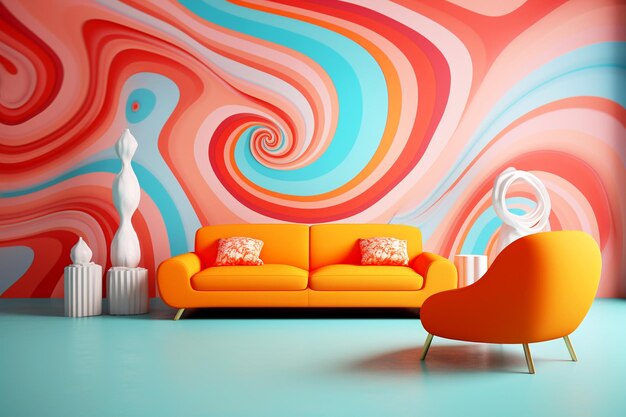 Foto interiores coloridos com sofá laranja e paredes cor-de-rosa e azul poltronas retrô em um interior de sala de estar vibrante com estátuas de barro geradas por ia