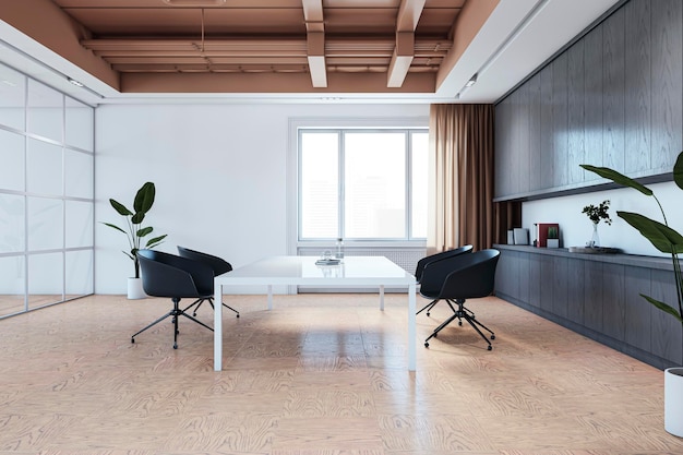 Interiores contemporâneos de salas de reuniões com vários objetos e móveis Renderização 3D