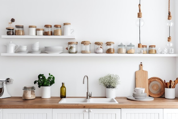 Interiores convidativos Design estético de cozinha com acentos brancos limpos e móveis modernos
