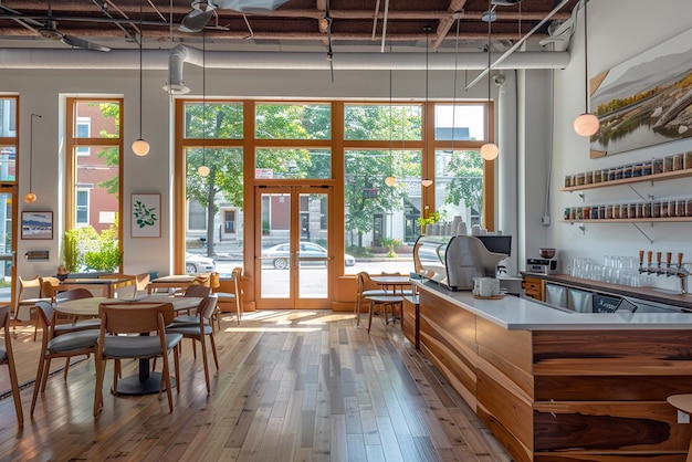 Interiores de cafés no centro da cidade Móveis de madeira de contorno complexo luz natural