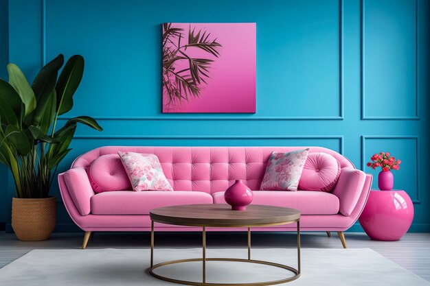 Interiores de móveis em estilo rosa e azul