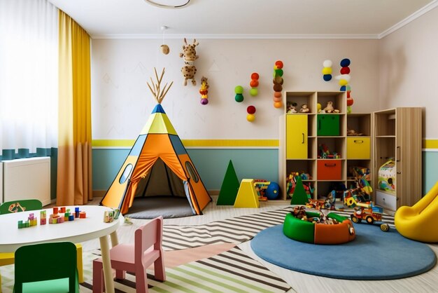 Interiores de quartos modernos para crianças com móveis e brinquedos elegantes Quarto de brincadeira para crianças Quarto de cama para crianças