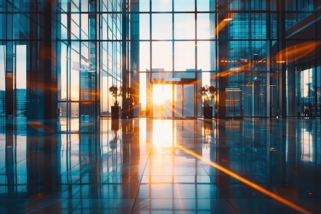 Foto interiores desfocados dentro de edifícios de escritórios modernos luz natural de borda ia geradora