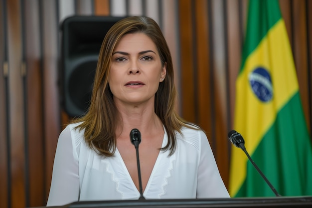 Foto interiores do parlamento brasileiro com uma figura política brasileira ou um líder dando um discurso com um comportamento equilibrado na frente de uma bandeira do brasil indicando um cenário de importância nacional