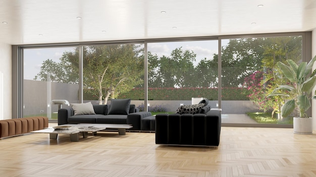 Interiores grandes y lujosos, modernos y brillantes. Ilustración de maqueta de sala de estar. Imagen de renderización en 3D.