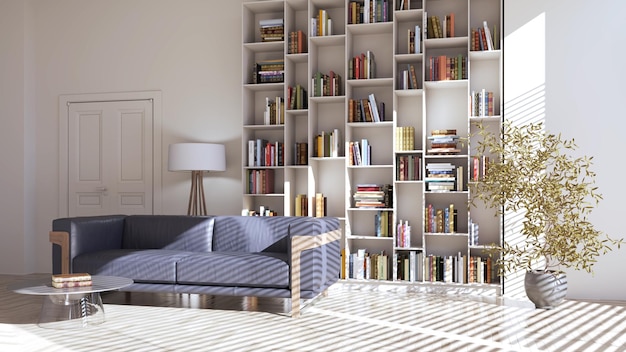 Interiores grandes y lujosos, modernos y brillantes. Ilustración de maqueta de sala de estar. Imagen de renderización en 3D.