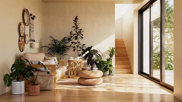 Interiores grandes y lujosos, modernos y brillantes. Ilustración de maqueta de sala de estar. Imagen de renderización en 3D.