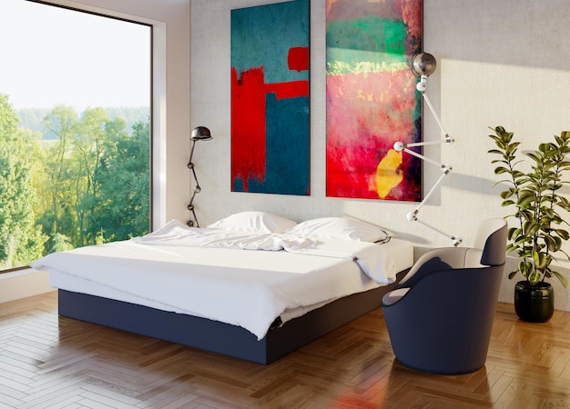 Interiores grandes y lujosos, modernos y brillantes. Ilustración de maqueta de sala de estar. Imagen de renderización en 3D.