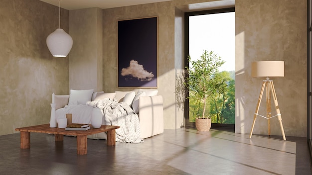Interiores grandes y lujosos, modernos y brillantes. Ilustración de maqueta de sala de estar. Imagen de renderización en 3D.