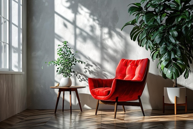 Interiores minimalistas elegantes, pintados de forma áspera, sala de descanso, poltrona vermelha, mesa de café, plantas, janela.