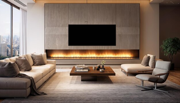 Interiores modernos y brillantes Ilustración de renderización 3D Sala de estar con chimenea Marco fotográfico Mockup