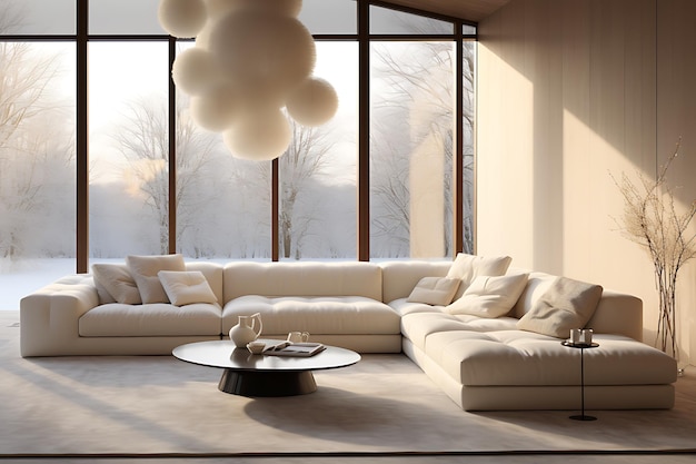 Interiores modernos y brillantes Ilustración de renderización en 3D Sala de estar con sofá