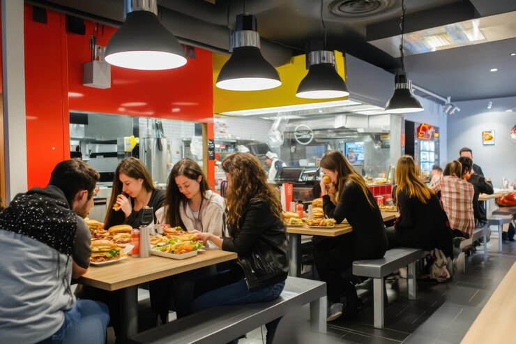 Foto interiores modernos de restaurantes de fast food com clientes desfrutando de refeições