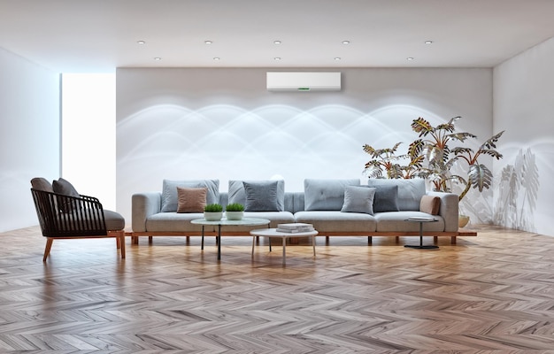 Interiores modernos e brilhantes Sala de estar com ilustração de ar condicionado 3D renderização imagem gerada por computador