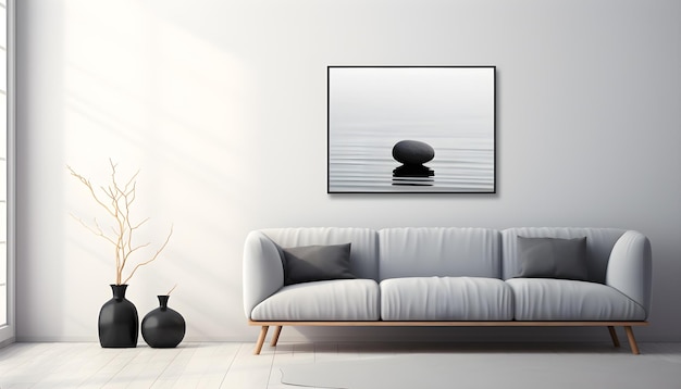 Interiores modernos e brilhantes Sala de estar moderna com paredes brancas sofá simples planta vaso moldura de foto de parede
