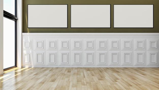 Interiores modernos y luminosos con ilustración de marco de póster simulado Representación 3D Imagen generada por computadora