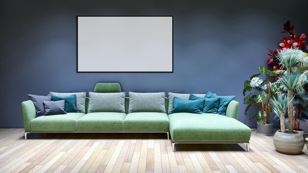 Interiores modernos y luminosos con ilustración de marco de póster simulado Representación 3D Imagen generada por computadora