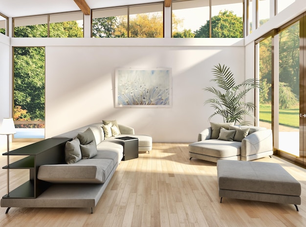 Interiores modernos y luminosos con ilustración de marco de póster simulado Representación 3D Imagen generada por computadora