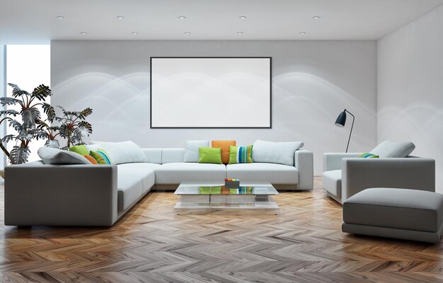 Interiores modernos y luminosos con ilustración de marco de póster simulado Representación 3D Imagen generada por computadora
