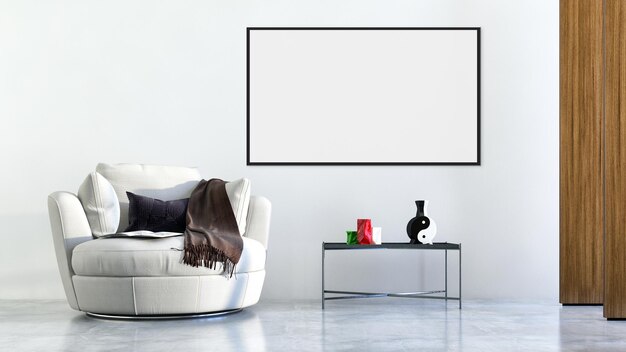 Interiores modernos y luminosos con ilustración de marco de póster simulado Representación 3D Imagen generada por computadora
