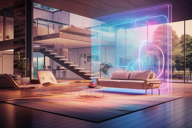 Interiores modernos y luminosos representación 3d escena abstracta Hermoso interior de casa moderna con efecto de holograma digital superpuesto generado por IA