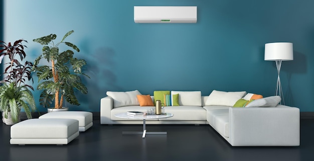 Interiores modernos y luminosos Sala de estar con aire acondicionado ilustración Representación 3D imagen generada por computadora
