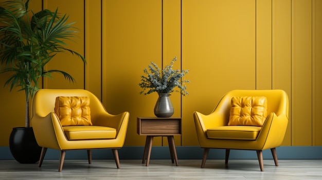 Los interiores modernos tienen sillones amarillos con fondo de pared azul y amarillo.