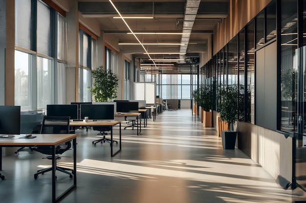 Foto interiors modernes büro mit glaswänden, holzboden und reihen von computertischen