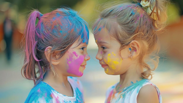 Interkulturelle Freude Schöne europäische Mädchen feiern das indische Holi-Festival, bedeckt mit farbenfrohem Farbpulver auf Gesichtern und Körpern
