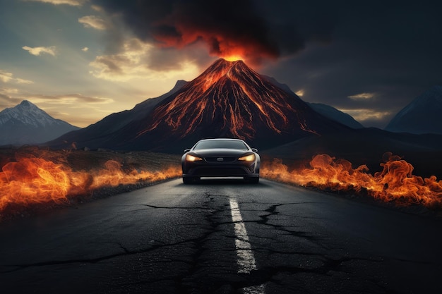 Una interminable carretera negra y recta con un volcán activo y un coche que se aleja rápidamente de él