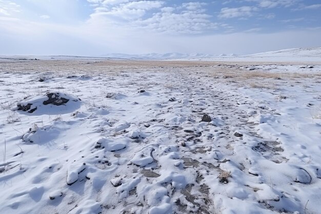 Una interminable estepa cubierta de nieve bajo un cielo nublado Plantas secas sobresalen de debajo de la nieve Montañas nevadas