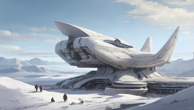 En las interminables extensiones del paisaje ártico cubierto de nieve una nave espacial blanca está estacionada