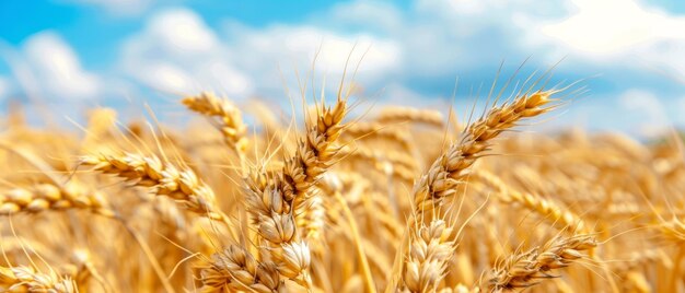 Intermináveis caules dourados de trigo balançam suavemente na brisa contra um pano de fundo de nuvens brancas e um céu azul vibrante que exala uma sensação de harmonia natural