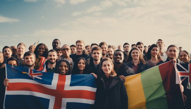 Foto internationale einwanderungsfahnen aus jedem land mit einwanderern, die fahnen halten