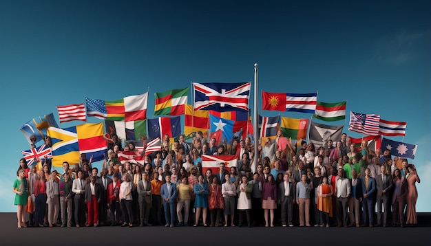 Foto internationale einwanderungsfahnen aus jedem land mit einwanderern, die fahnen halten