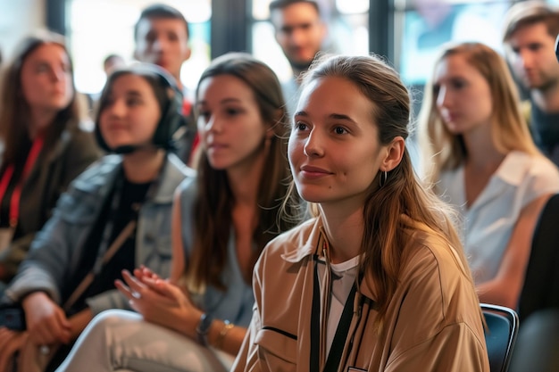 Internationale Geschäftskonferenz Kaukasische Tech-Frauen-CEO spricht mit männlichem Gastgeber vor