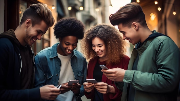 Internationale lachende multikulturelle Gruppe von Freunden, die sich mit Telefonen beschäftigen