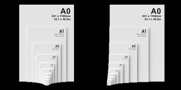 Internationale Papierformate der A-Serie von A0 bis A8 schwarzer Text gedruckt auf weißem strukturiertem Papier