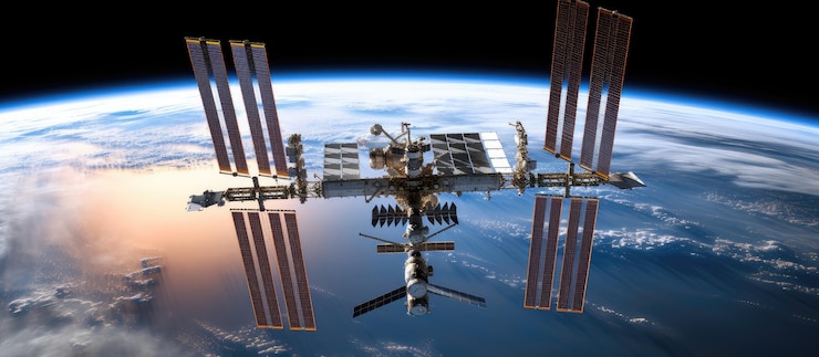 Foto internationale raumstation im orbit über der erde