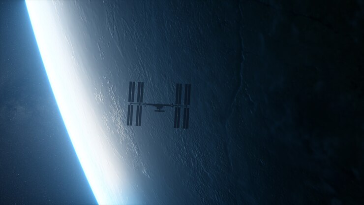 Foto internationale raumstation iss umkreist den planeten erde im weltraum.