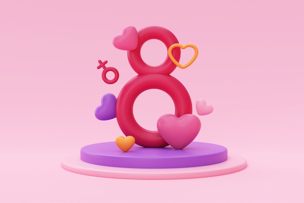 Internationaler Frauentag 8. März Nummer 8 mit weiblichen Zeichen Herzen und Blumen auf rosa Hintergrund Muttertag 3D-Rendering