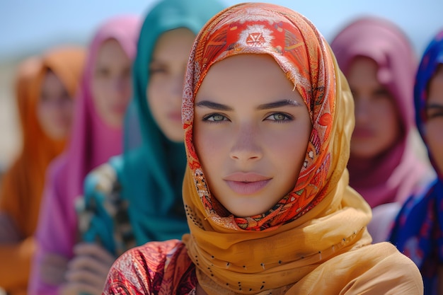 Internationaler Frauentag Frauentag Frauen aus dem Nahen Osten tragen einen Hajib, stehen mit gekreuzten Händen