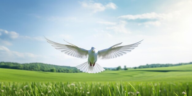 Internationaler Friedenstag Weiße Taube fliegt auf blauem Himmelshintergrund Friedensvogelsymbol Generative KI