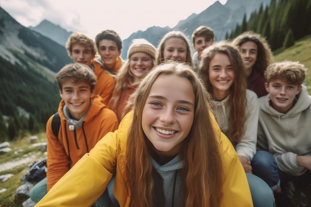 Internationaler Jugendtag Glückliche und fröhliche Teenager, die gemeinsam lächeln und lachen, jung und lustig Unterhaltung für junge Leute Teenager machen die Zukunft Generative KI