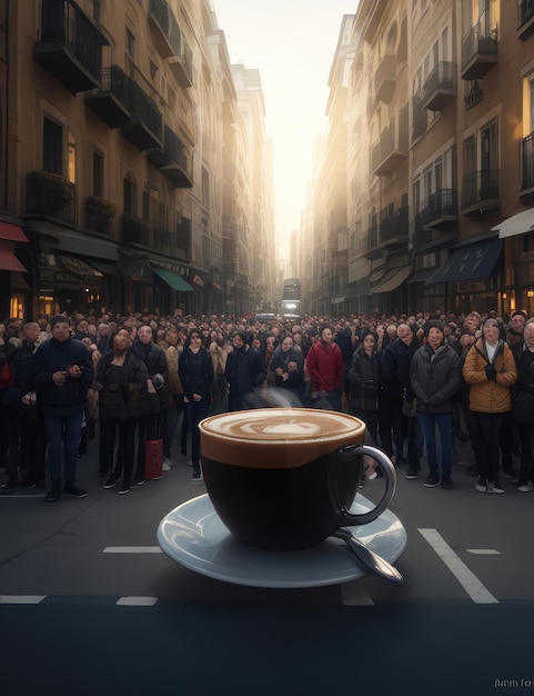 Internationaler Kaffeetag eine große Tasse Kaffee mitten auf der Straße unter Menschen