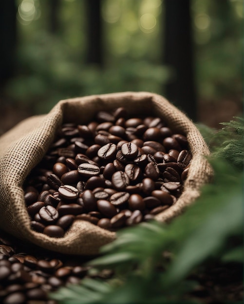 Internationaler Kaffeetag eine Kaffeetüte mit vielen Kaffeebohnen in einem Wald